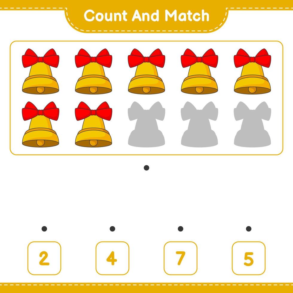 Count and match, count the number of Christmas Bell and match with the right numbers. Educational children game, printable worksheet, vector illustration