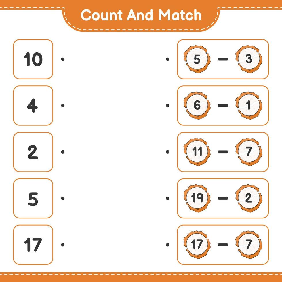 cuenta y empareja, cuenta el número de galletas y empareja con los números correctos. juego educativo para niños, hoja de cálculo imprimible, ilustración vectorial vector