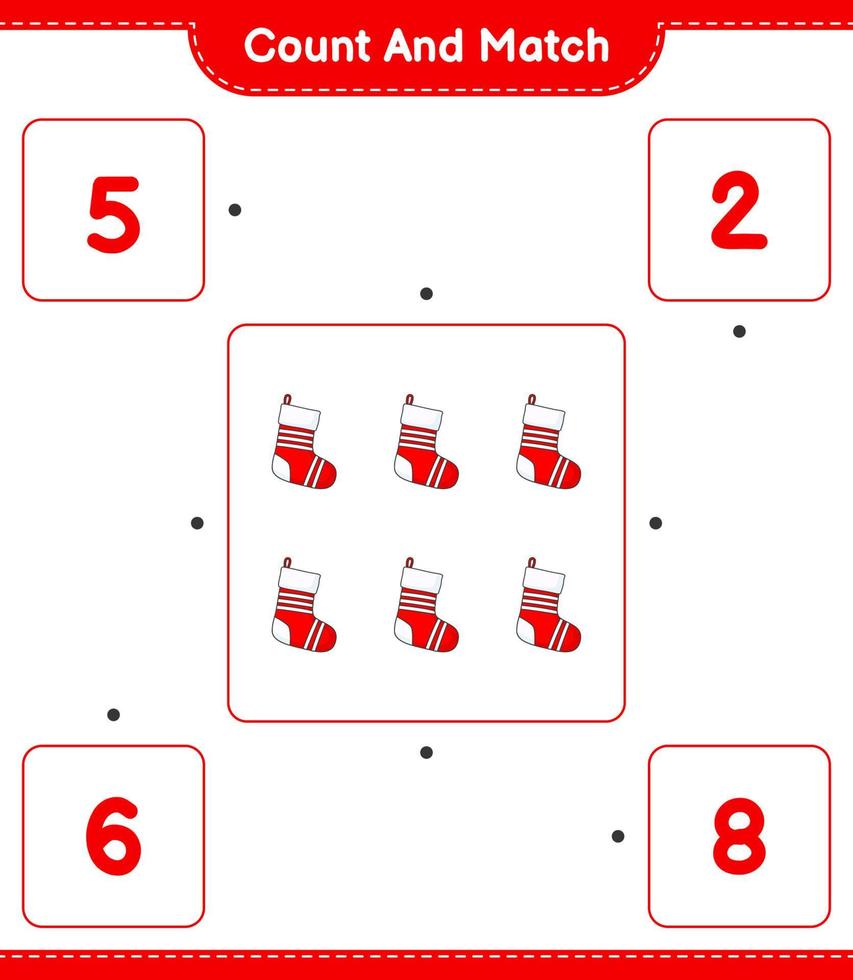 Count and match, count the number of Christmas Sock and match with the right numbers. Educational children game, printable worksheet, vector illustration