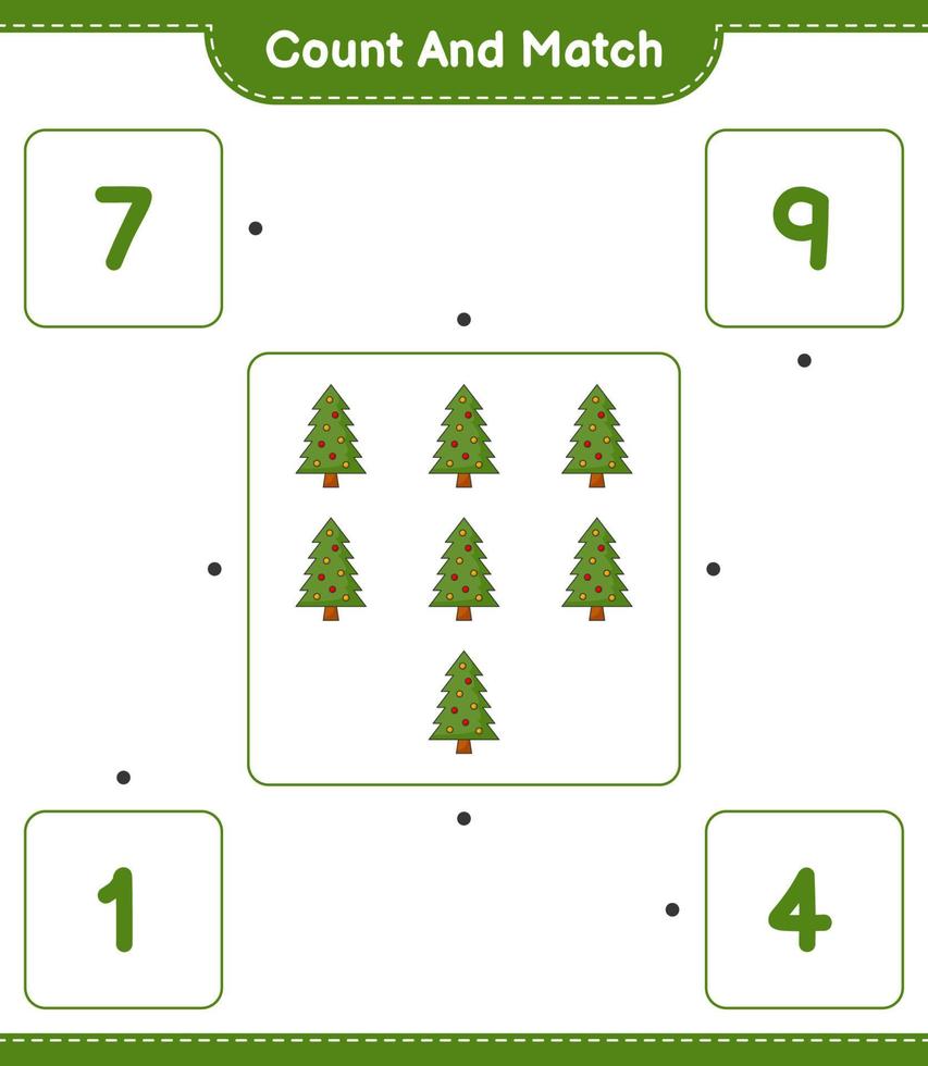 Count and match, count the number of Christmas Tree and match with the right numbers. Educational children game, printable worksheet, vector illustration