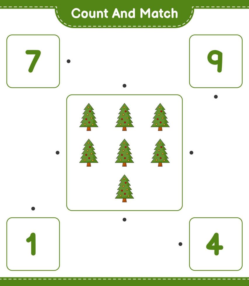 cuenta y empareja, cuenta el número de árboles de navidad y empareja con los números correctos. juego educativo para niños, hoja de cálculo imprimible, ilustración vectorial vector