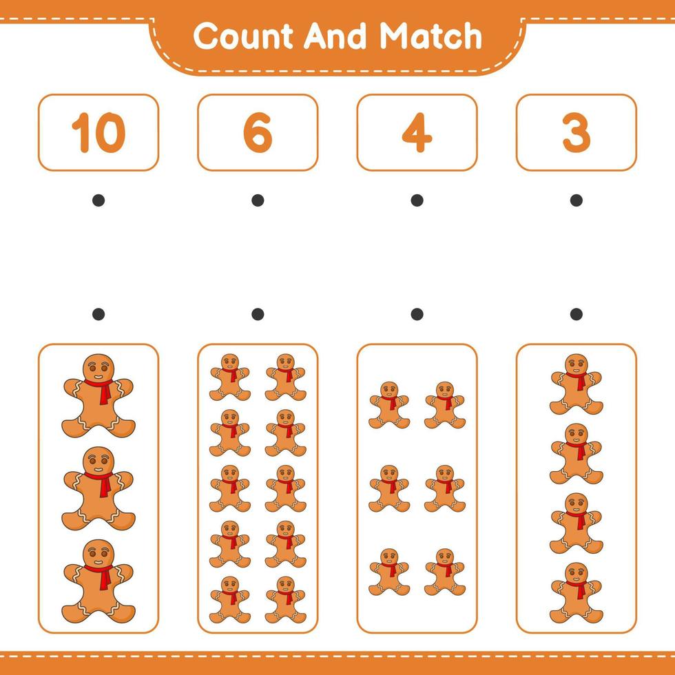 Count and match, count the number of Gingerbread Man and match with the right numbers. Educational children game, printable worksheet, vector illustration