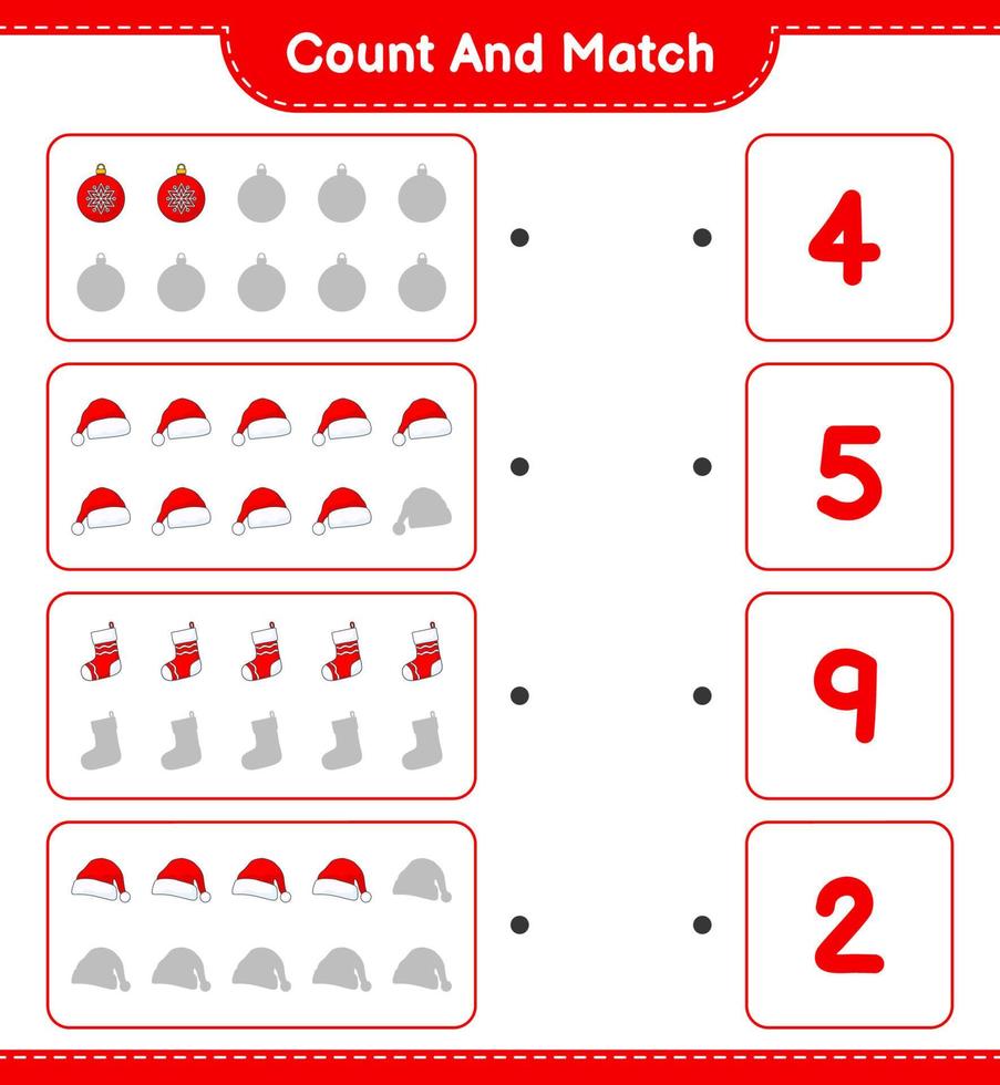 Count and match, count the number of Christmas Ball, Santa Hat, Christmas Sock and match with the right numbers. Educational children game, printable worksheet, vector illustration