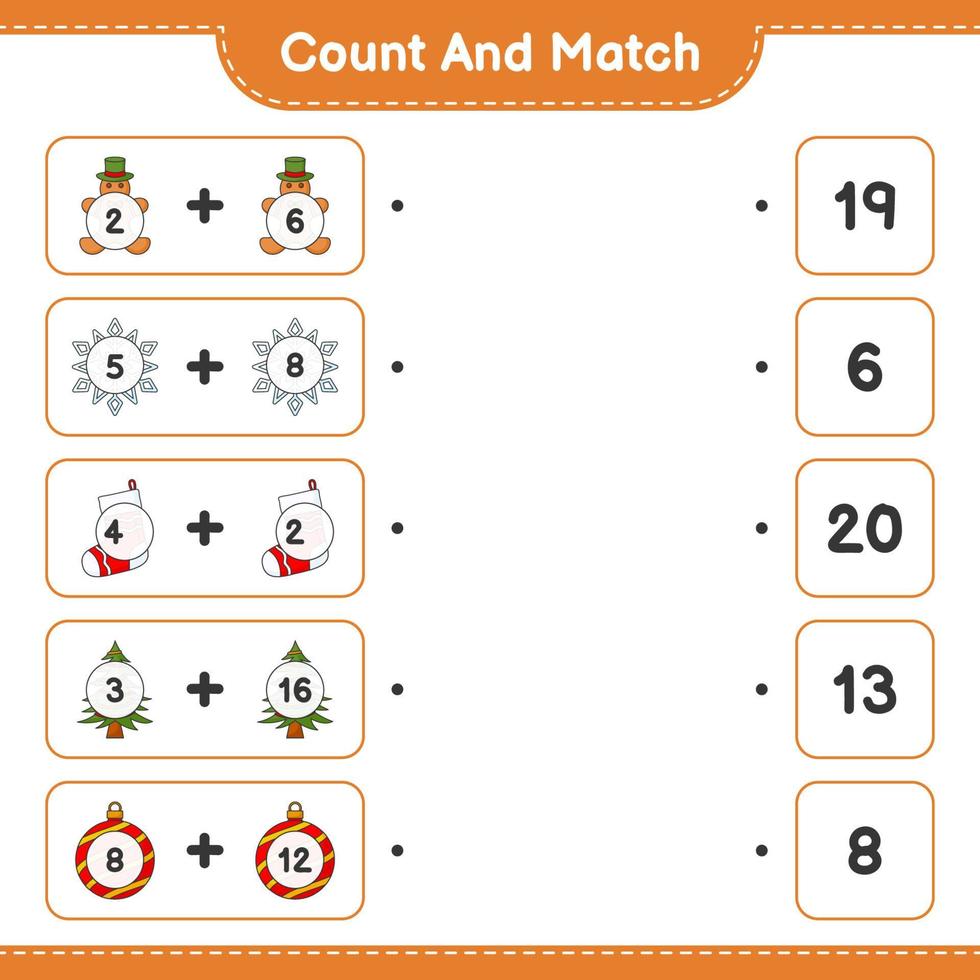 Count and match, count the number of Gingerbread Man, Tree, Sock, Christmas Ball, Snowflake and match with the right numbers. Educational children game, printable worksheet, vector illustration