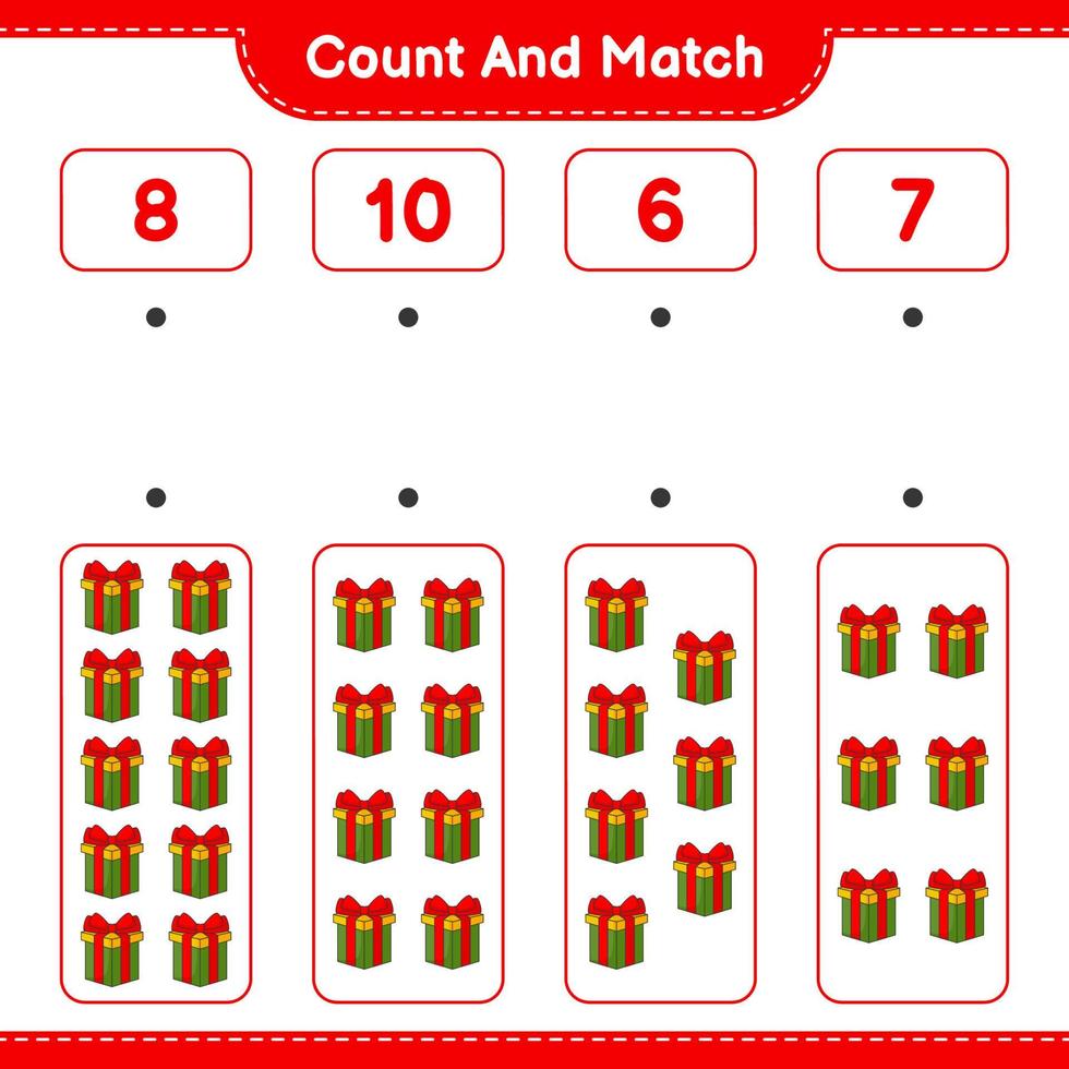 Count and match, count the number of Gift Box and match with the right numbers. Educational children game, printable worksheet, vector illustration