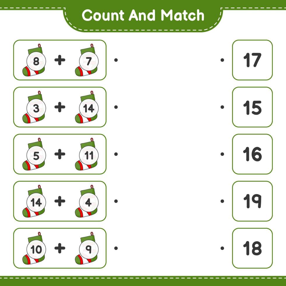 Count and match, count the number of Christmas Sock and match with the right numbers. Educational children game, printable worksheet, vector illustration