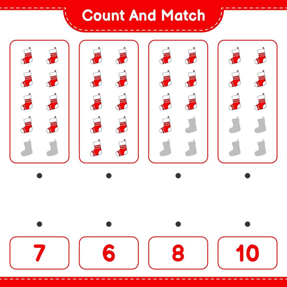 Count and match, count the number of Christmas Sock and match with the right numbers. Educational children game, printable worksheet, vector illustration
