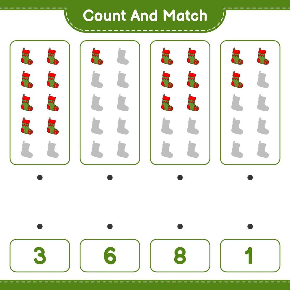 Count and match, count the number of Christmas Sock and match with the right numbers. Educational children game, printable worksheet, vector illustration