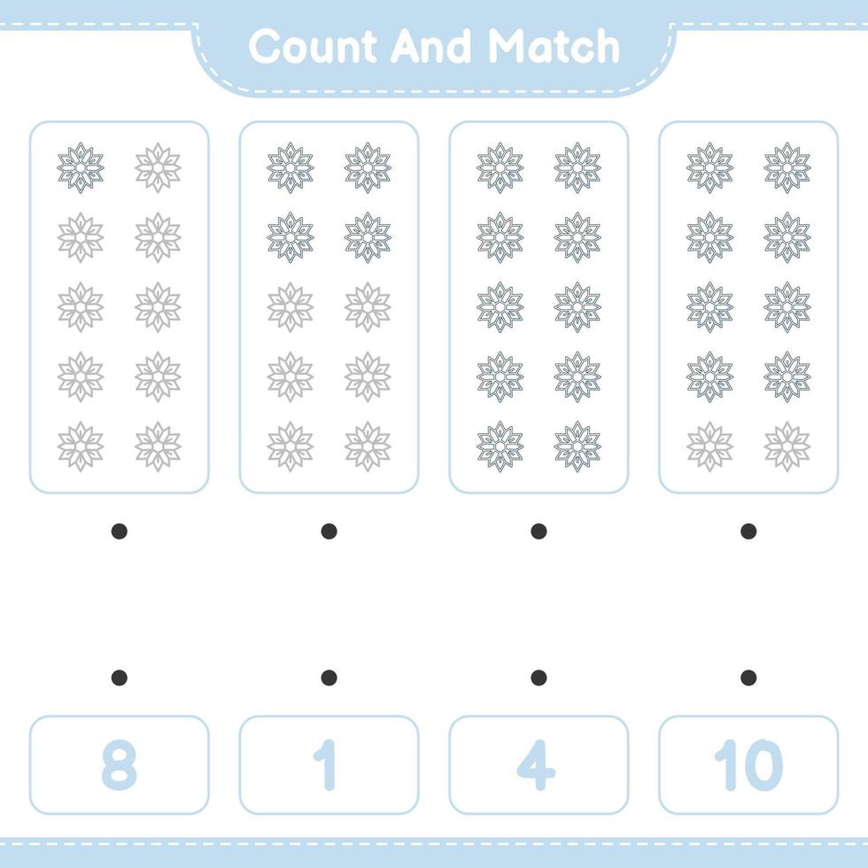 Count and match, count the number of Snowflake and match with the right numbers. Educational children game, printable worksheet, vector illustration