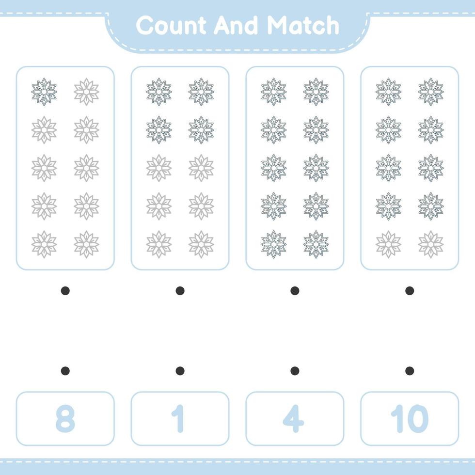 cuenta y empareja, cuenta el número de copos de nieve y empareja con los números correctos. juego educativo para niños, hoja de cálculo imprimible, ilustración vectorial vector