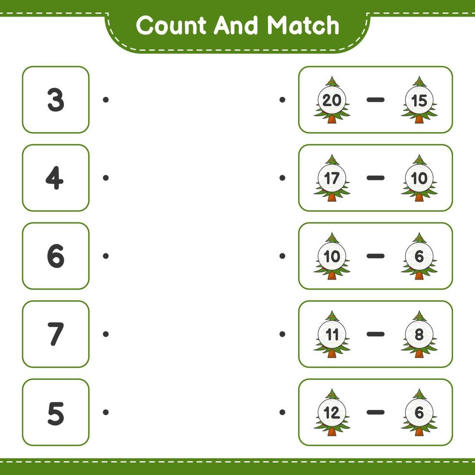 Count and match, count the number of Christmas Tree and match with the right numbers. Educational children game, printable worksheet, vector illustration