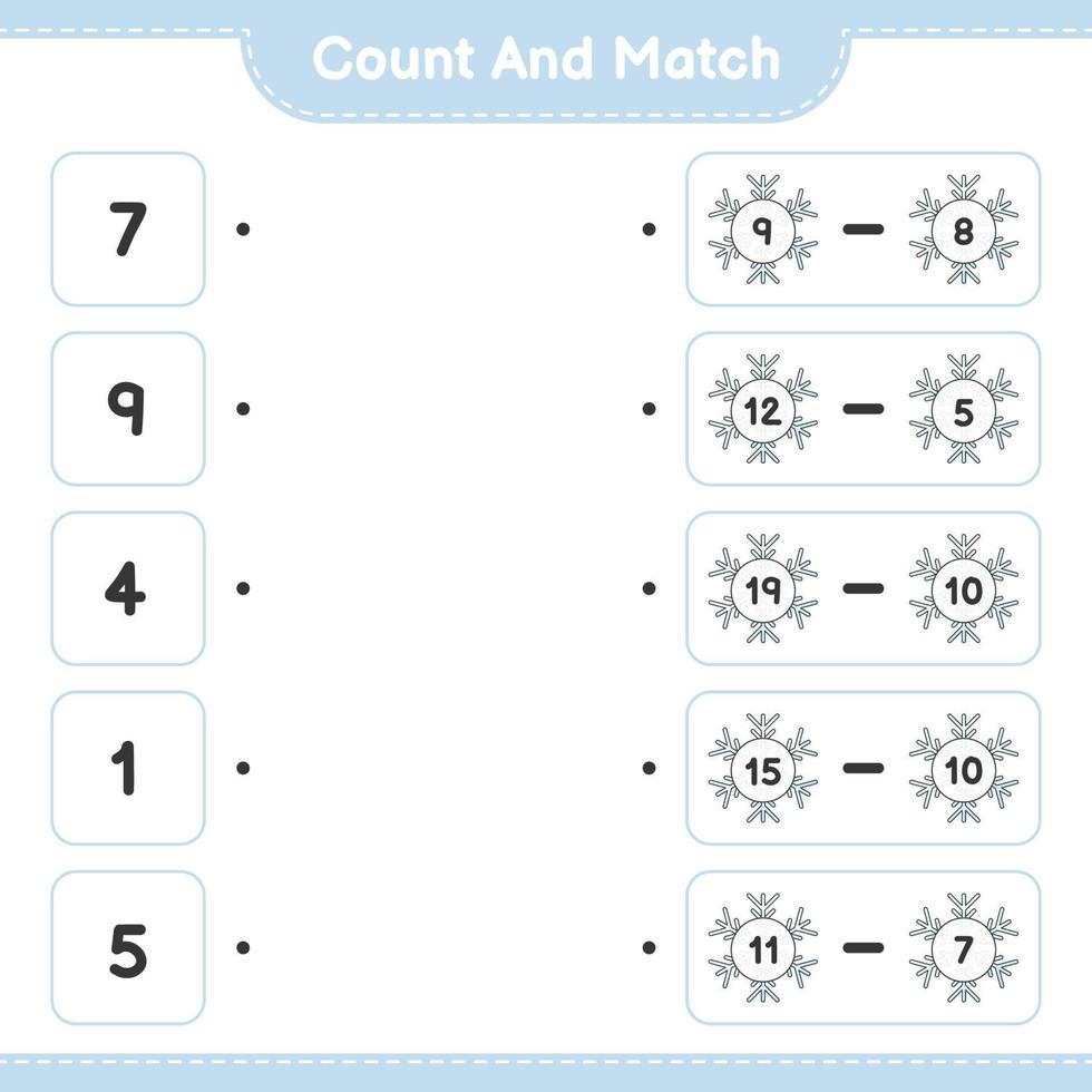 Count and match, count the number of Snowflake and match with the right numbers. Educational children game, printable worksheet, vector illustration
