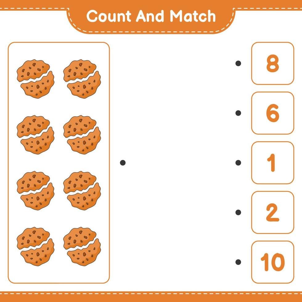 cuenta y empareja, cuenta el número de galletas y empareja con los números correctos. juego educativo para niños, hoja de cálculo imprimible, ilustración vectorial vector