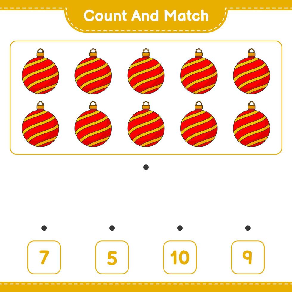 Count and match, count the number of Christmas Ball and match with the right numbers. Educational children game, printable worksheet, vector illustration