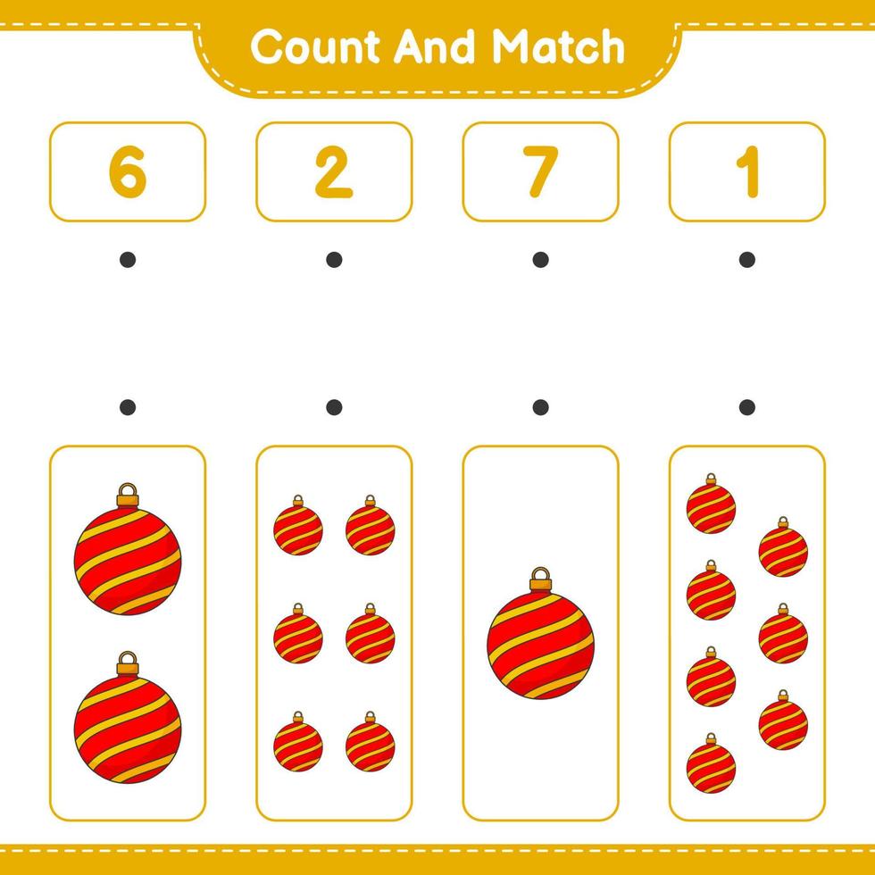 Count and match, count the number of Christmas Ball and match with the right numbers. Educational children game, printable worksheet, vector illustration