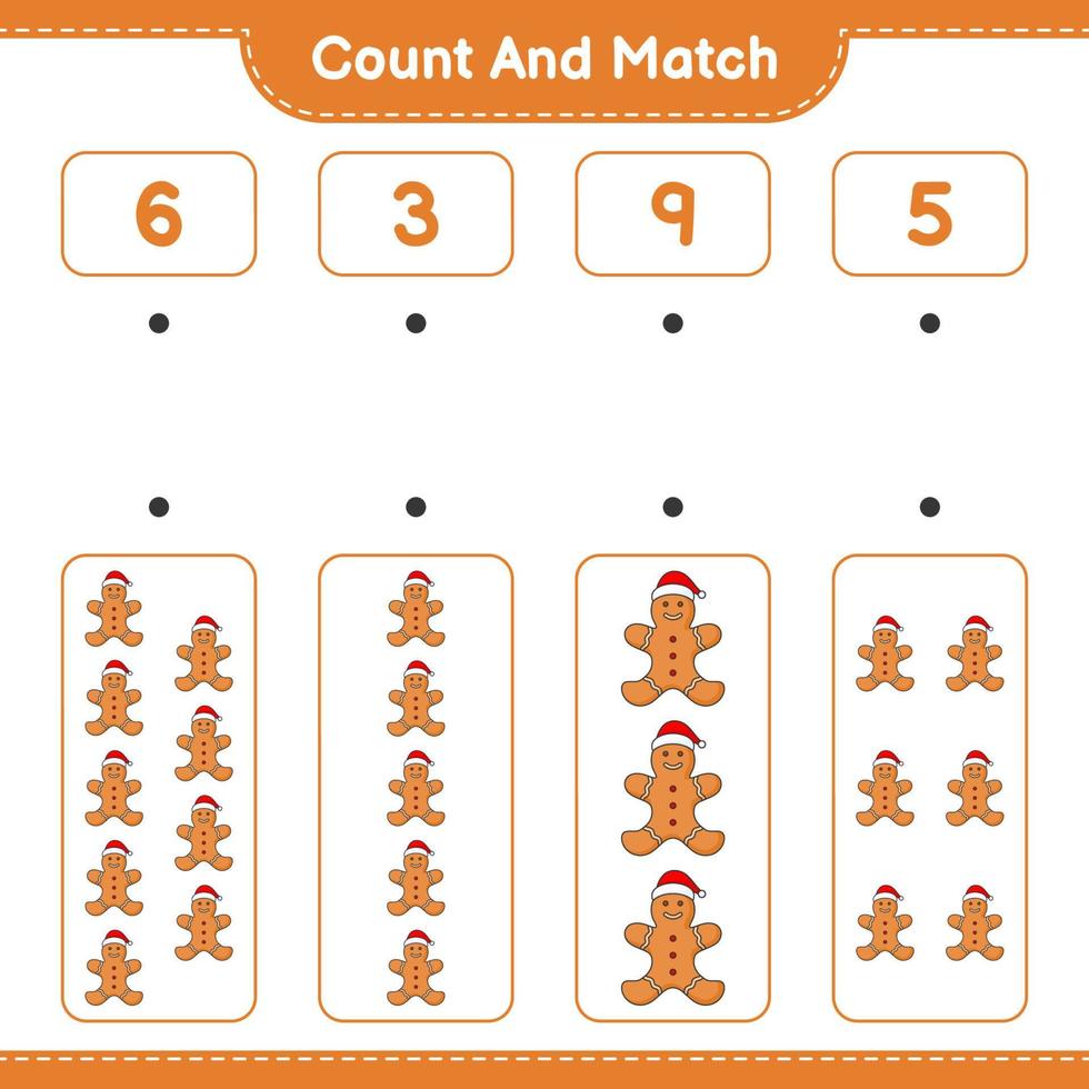 Count and match, count the number of Gingerbread Man and match with the right numbers. Educational children game, printable worksheet, vector illustration