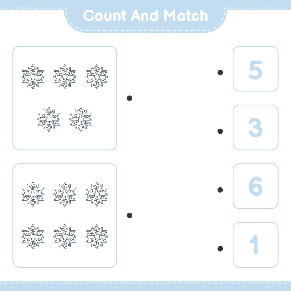 Count and match, count the number of Snowflake and match with the right numbers. Educational children game, printable worksheet, vector illustration