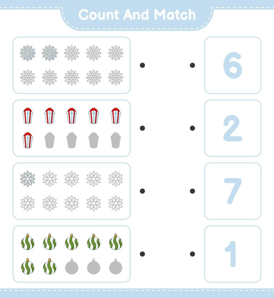 Count and match, count the number of Snowflake, Christmas Ball, Gift Box and match with the right numbers. Educational children game, printable worksheet, vector illustration