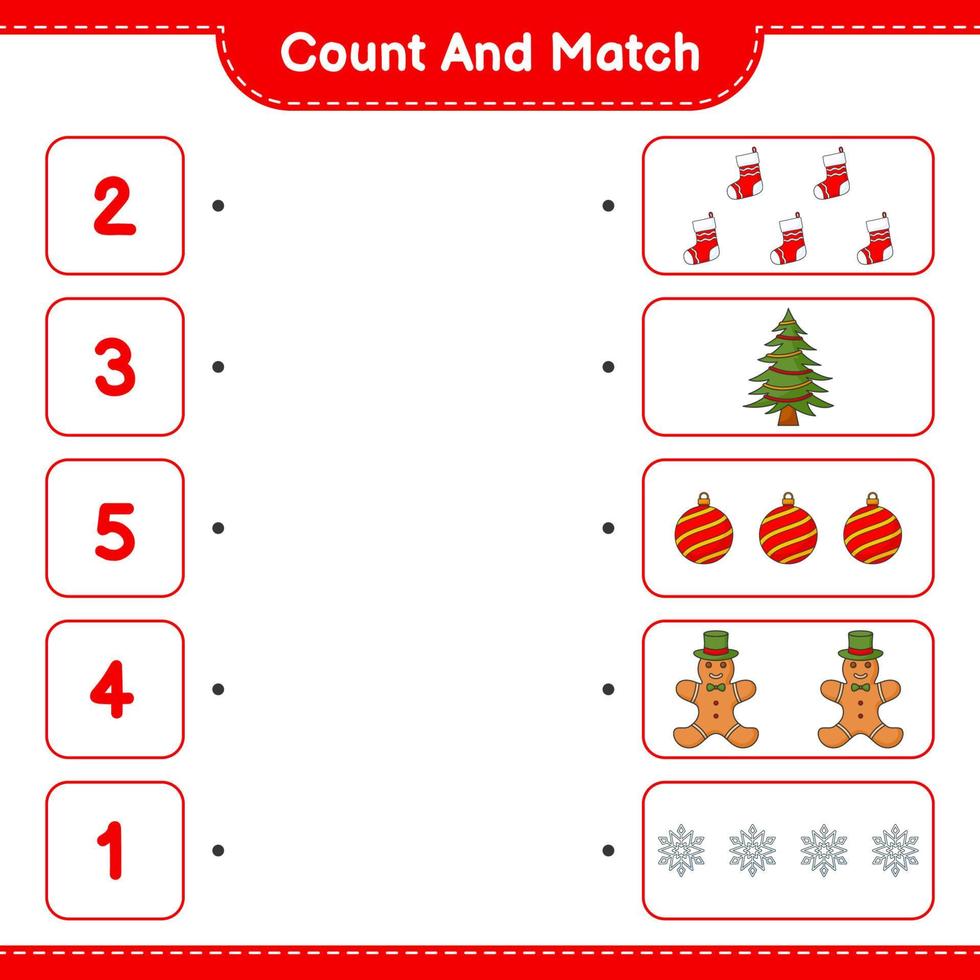 cuente y combine, cuente el número de hombre de pan de jengibre, árbol, calcetín, bola de navidad, copo de nieve y combine con los números correctos. juego educativo para niños, hoja de cálculo imprimible, ilustración vectorial vector