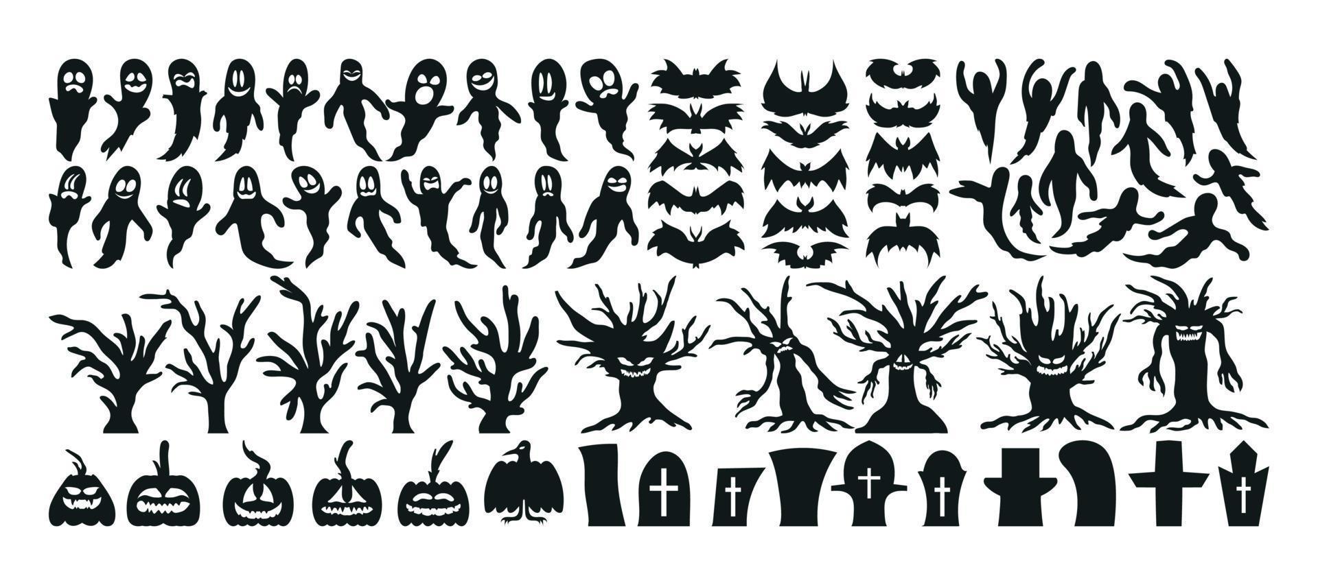 conjunto de icono y carácter de silueta de halloween. ilustración vectorial de halloween aislada sobre fondo blanco vector