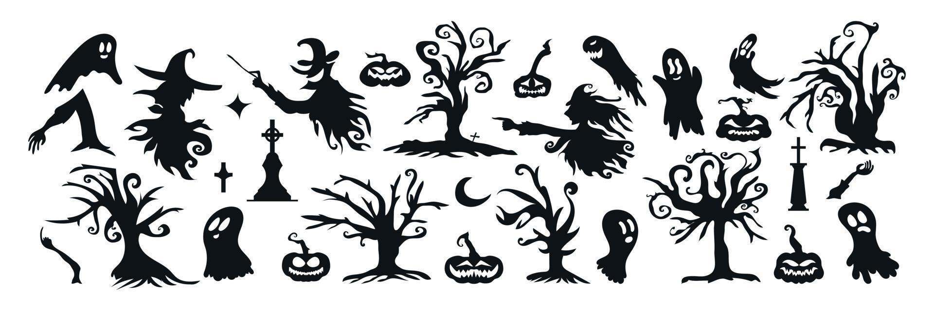 conjunto de icono y carácter de silueta de halloween. ilustración vectorial de halloween aislada sobre fondo blanco vector