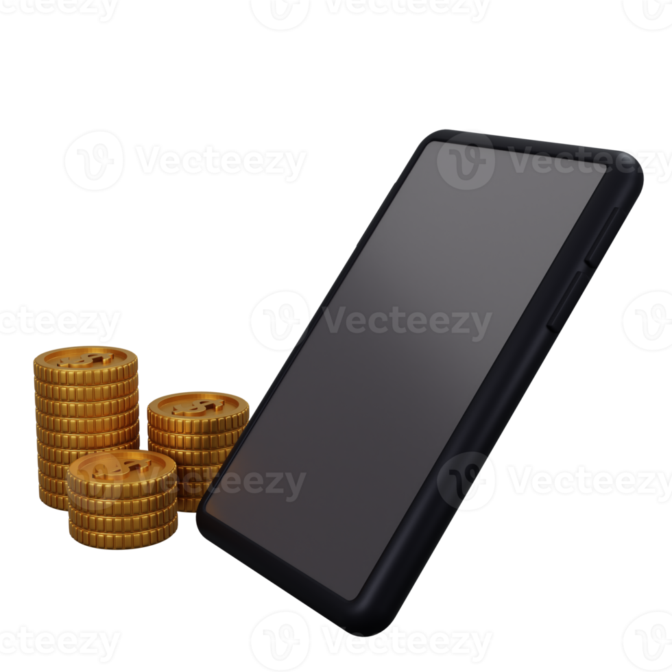 3D model rendering finance concept with mobile phone and money coin, saving and growth up money, illustration png