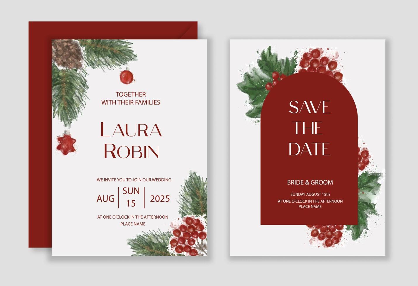 Emerald christmas greenery, spruce, fir, pine cones seasonal vector design frame. Winter chic wedding or new year party invitation card. Watercolor style.