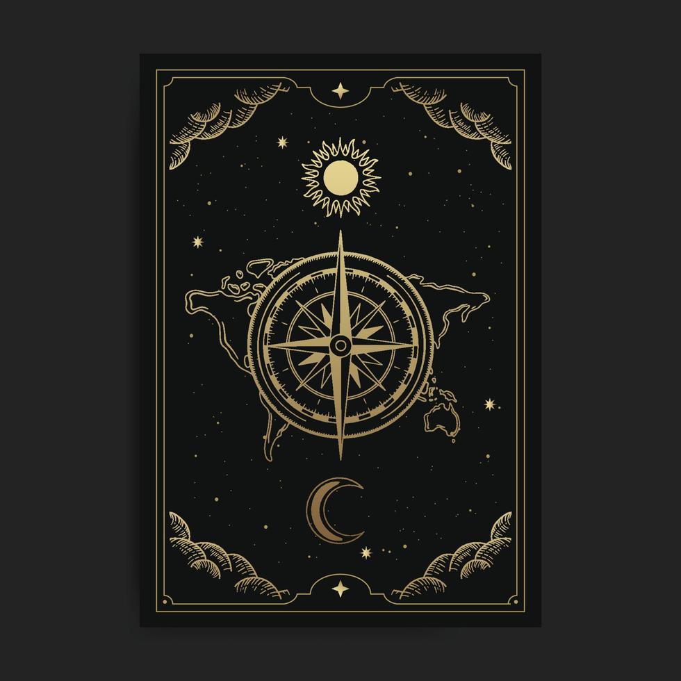 Compass with sun and moon continents background vector