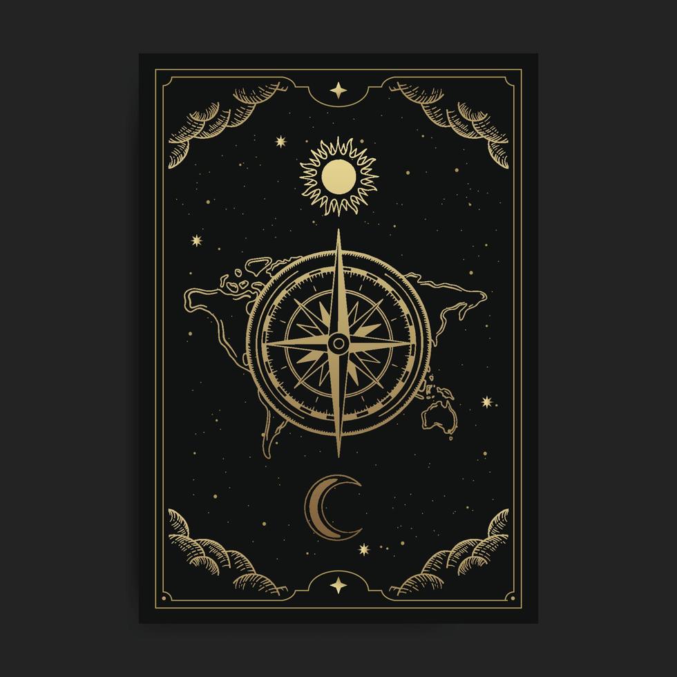 Compass with sun and moon continents background vector