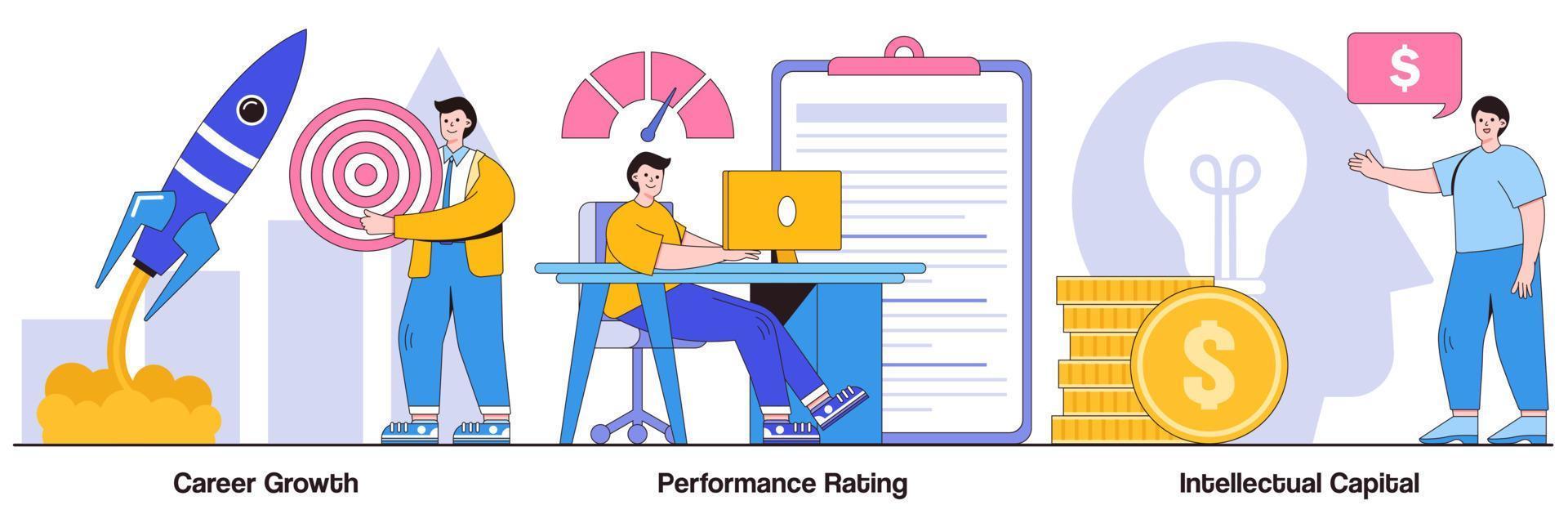 Career growth, performance rating, intellectual capital concept with people character. Employee efficiency vector illustration set. Company challenge and success, job position scoring system metaphor