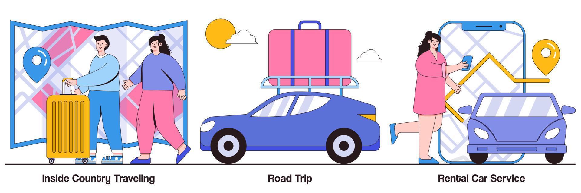 Inside Country Travel, Road Trip, and Rental Car Service Illustrated Pack vector