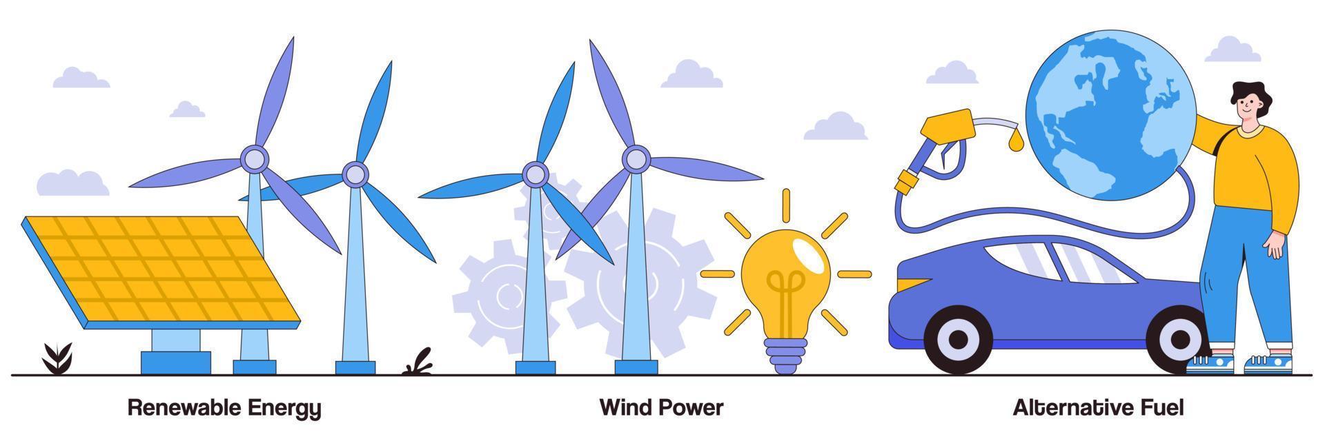 Renewable energy, wind power, alternative fuel concept with people character. Clean energy vector illustration set. Solar panels, green electricity, charging station, light bulb, windfarm metaphor