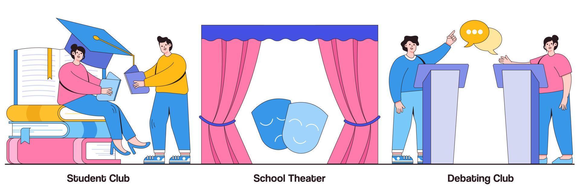 club de estudiantes, teatro escolar y concurso de debate ilustrado vector