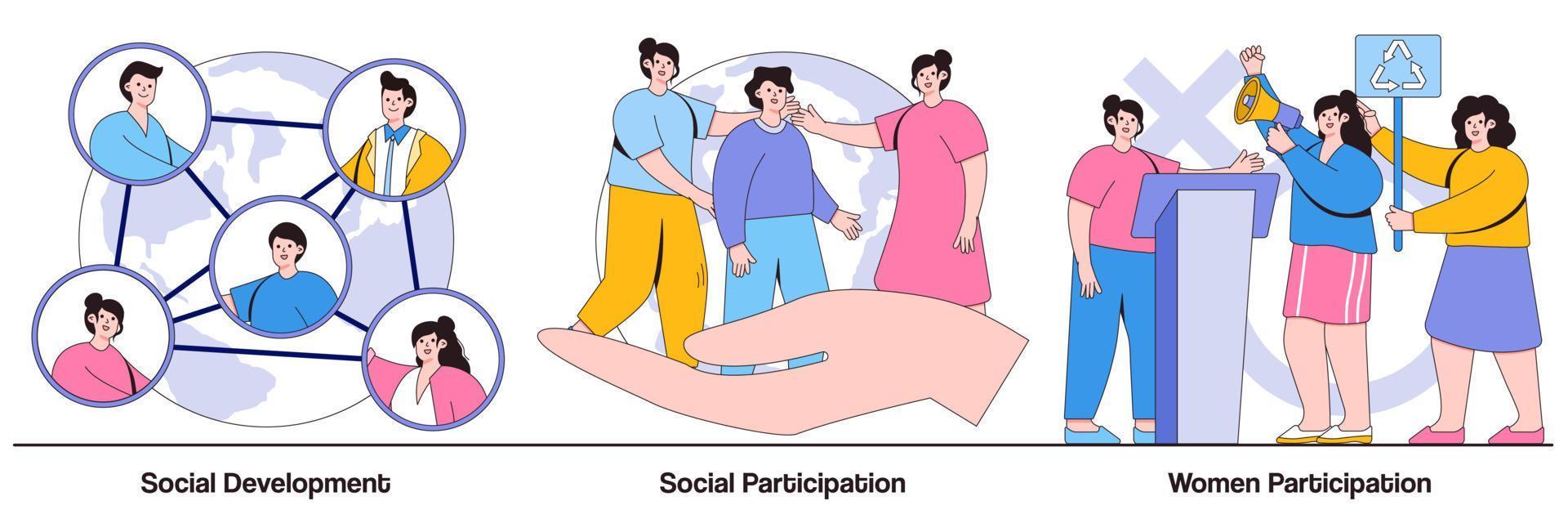 desarrollo social y participación, paquete ilustrado de participación de la mujer. vector