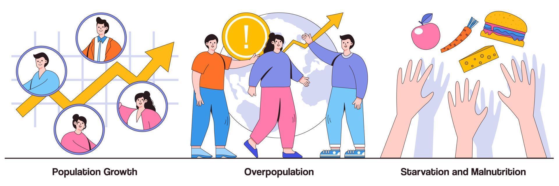 paquete ilustrado de crecimiento demográfico, superpoblación, inanición y desnutrición vector