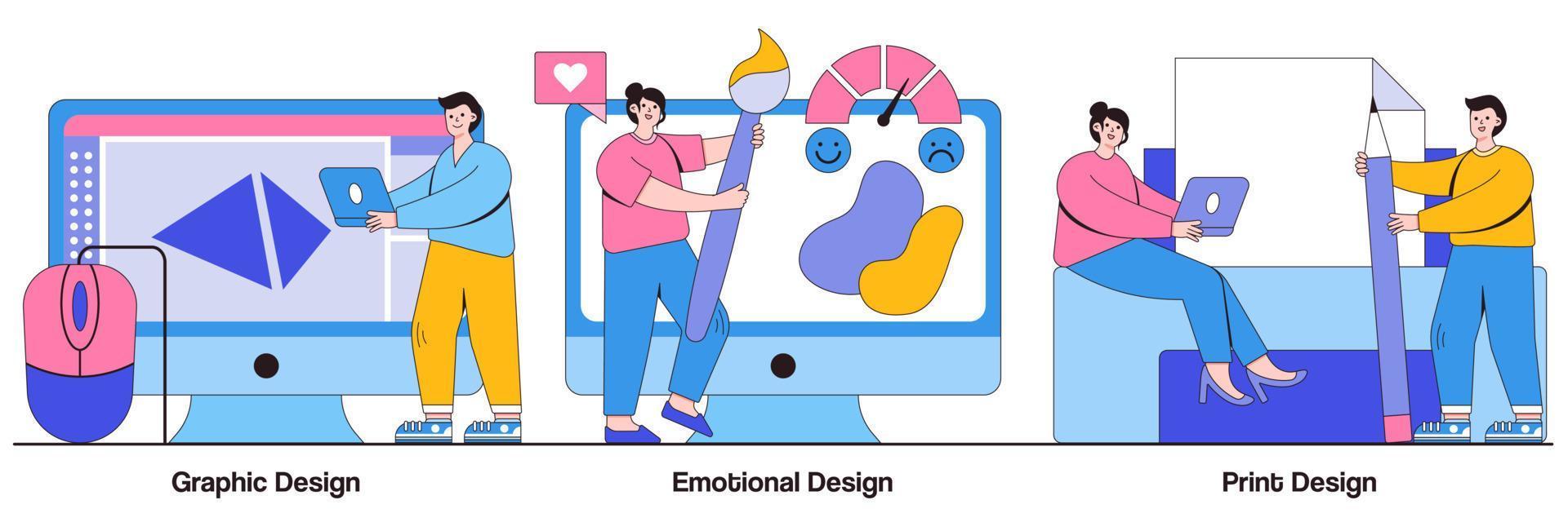 Graphic and print design, emotional engagement concept with tiny people. Design services vector illustration set. Landing web page, freelance illustrator, user experience, business card metaphor