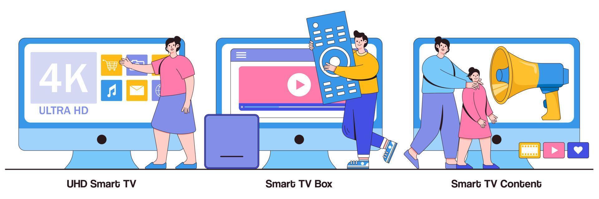 UHD smart TV, smart TV box, 4k video content concept with tiny people. Watch TV vector illustration set. Home entertainment movie theatre, online video service, leisure time, television metaphor