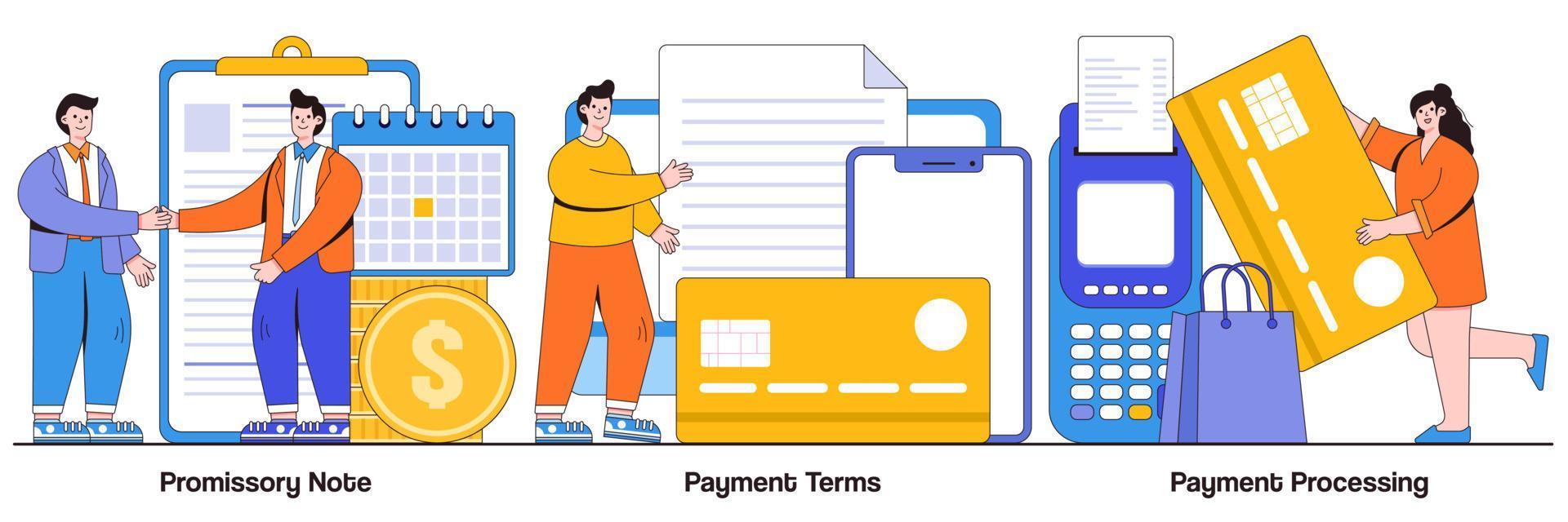 Promissory note, payment terms, payment processing concept with people character. Money loan contract, exchange bill, online banking service, cash withdrawal abstract vector illustration set