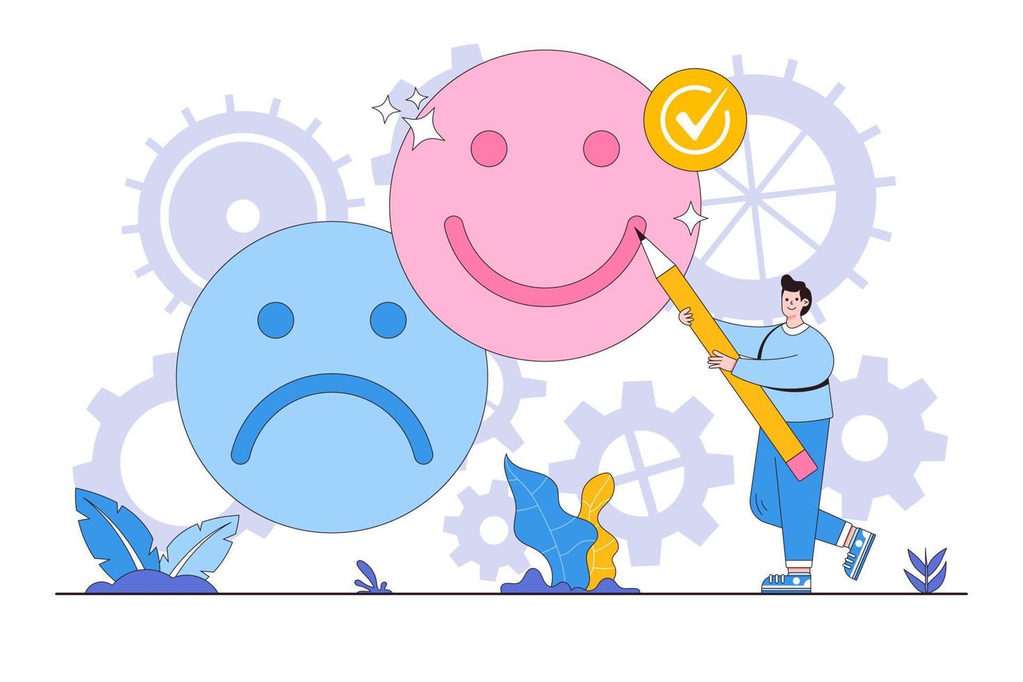 Optimistic, joyful, or optimistic thinking to inspire people, emotional intelligence, balance of happiness and sadness concepts illustrations. A man drawing from sad to happy feelings vector