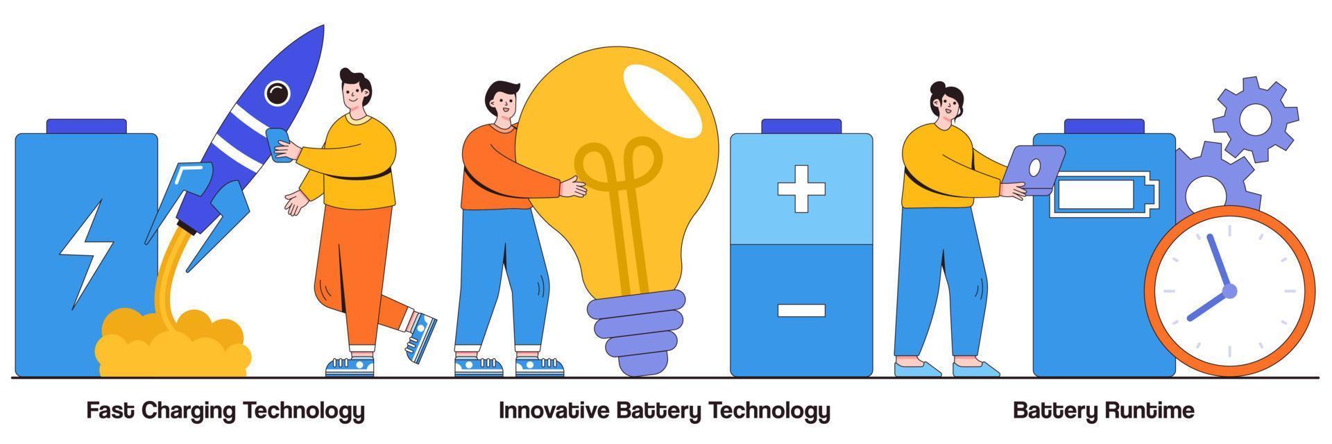 Fast charging technology, innovative battery technology, battery runtime concept with people character. Accumulator capacity, energy power source maintenance abstract vector illustration set
