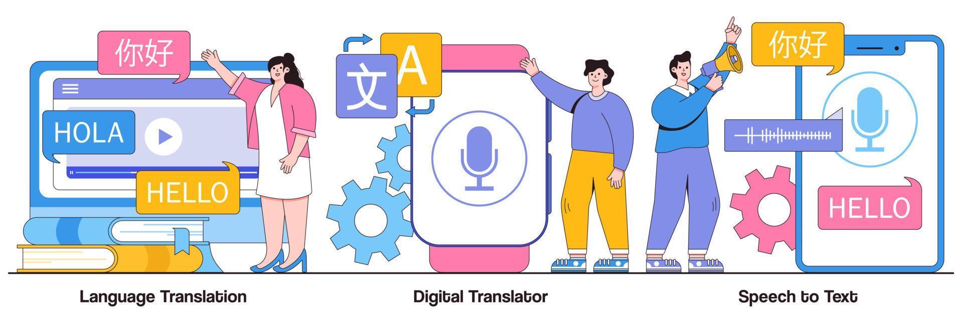 traducción de idiomas, traductor digital, concepto de voz a texto con carácter de personas. aplicación móvil mt, comunicación multilingüe, aplicación de reconocimiento de voz conjunto de ilustraciones vectoriales abstractas vector