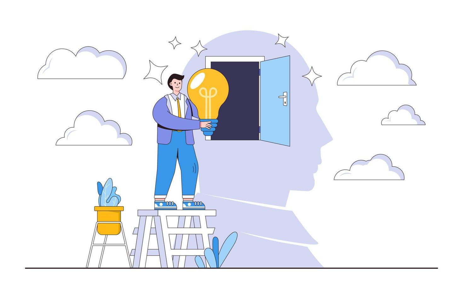 Big idea, creativity, and innovation to invent new product, find different solution to solve problem, discover motivation concepts. Smart businessman putting lightbulb in their head to create works vector