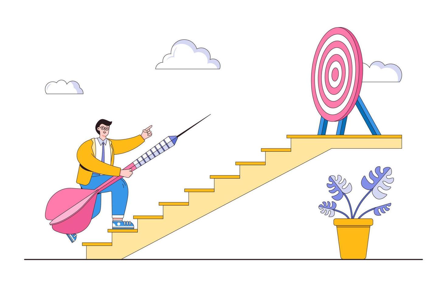 Progress and movement to goal, reaching objective business, motivation, challenge to achieve success, career improvement concepts. Ambitious businessman with dart walking up stairs to target bullseye vector