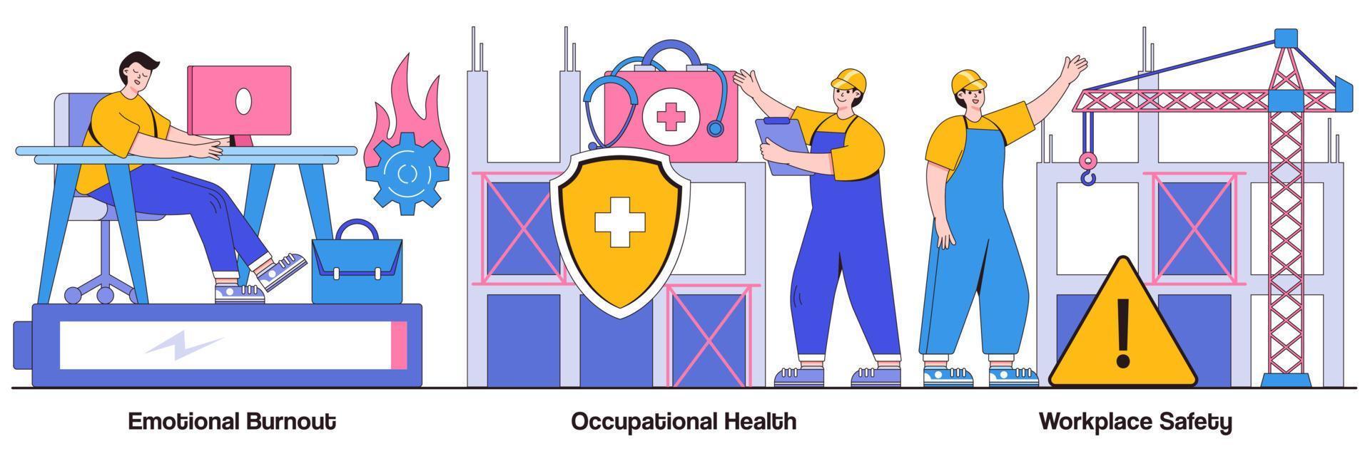 Emotional burnout, occupational health, workplace safety concept with tiny people. Employee health vector illustration set. Overload, injury prevention, labor condition, working environment metaphor