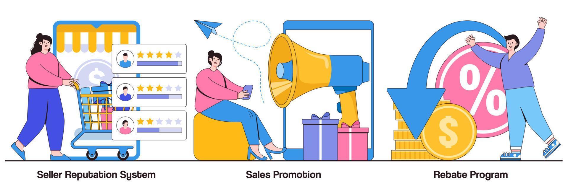 Seller reputation system, sales promotion, rebate program concept with tiny people. E commerce abstract vector illustration set. Online store discounts, internet shopping metaphor