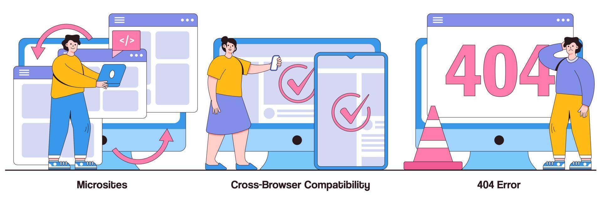 interfaz de micrositio, compatibilidad entre navegadores, concepto de error 404 con personas diminutas. conjunto de ilustraciones vectoriales de desarrollo web. programación, página de empresa, página no encontrada, metáfora del usuario del sitio web vector