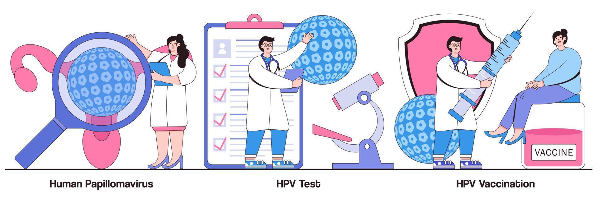 virus del papiloma humano, prueba de vph y concepto de vacunación con carácter de personas. conjunto de ilustraciones vectoriales de infección por vph. diagnóstico temprano del cáncer de cuello uterino, muestra de laboratorio, metáfora de detección de virus vector