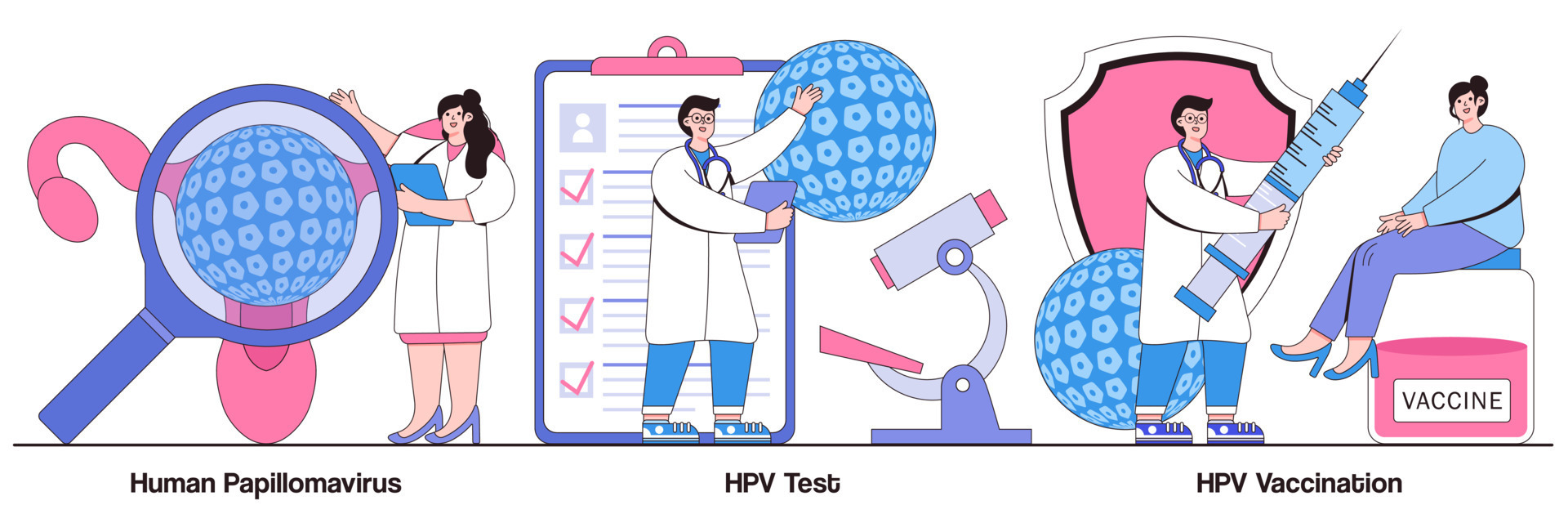 virus del papiloma humano, prueba de vph y concepto de vacunación con carácter de personas. conjunto de ilustraciones vectoriales de infección por vph. diagnóstico temprano del cáncer de cuello uterino, muestra de virus del papiloma humano, prueba de vph y concepto de vacunación con carácter de personas. conjunto de ilustraciones vectoriales de infección por vph. diagnóstico temprano del cáncer de cuello uterino, muestra de