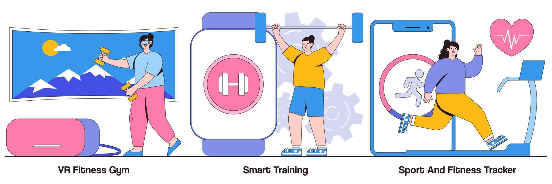 paquete ilustrado de vr gym, smart training, sport y fitness tracker vector