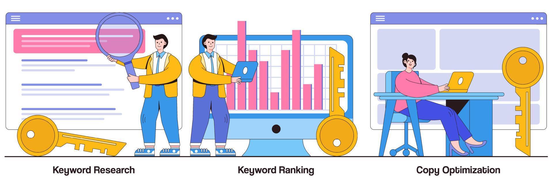 investigación de palabras clave, clasificación de palabras clave, concepto de optimización de copias con personas diminutas. conjunto de ilustraciones vectoriales abstractas del servicio de optimización de motores de búsqueda. análisis seo, metáfora empresarial de marketing vector